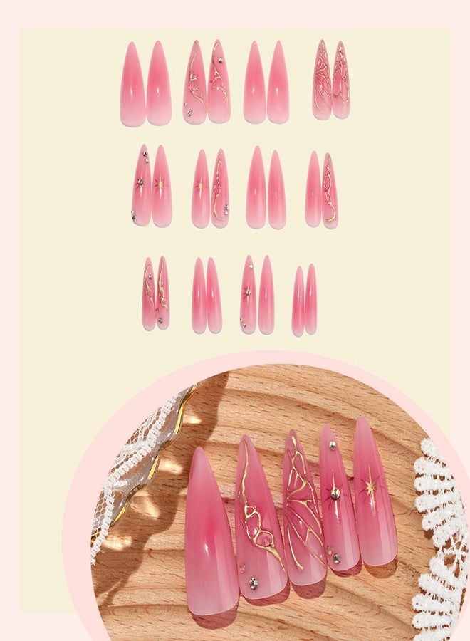 MISUD Press on Nails - Long Stiletto Fake Nails with Pink Ombre, Acrylic 3D Gold Chrome Design 24 pcs - Image 4